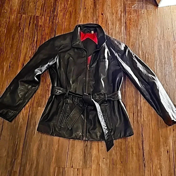 Womens Preston & York Black Leather Trench Moto Jacket Sz Petite Medium - Picture 1 of 7